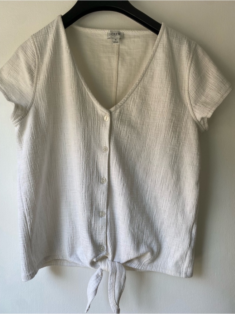 J. Crew Cream Short-Sleeve Button-Front Tie-Hem Top